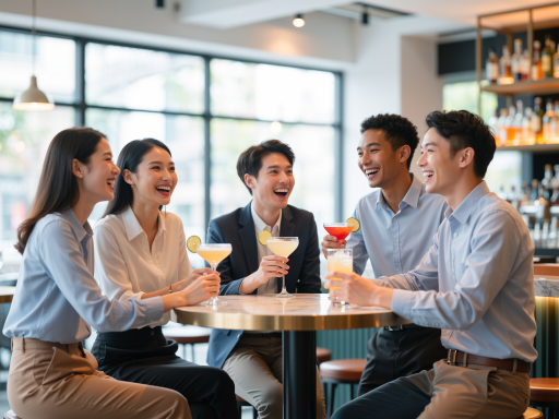 HR茶话会场景,几位穿着职业装的HR人员在咖啡厅轻松交谈,温暖灯光氛围